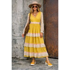 Vintage Courier Yellow Tiered Long Sleeve Maxi Dress  Women's Size Medium